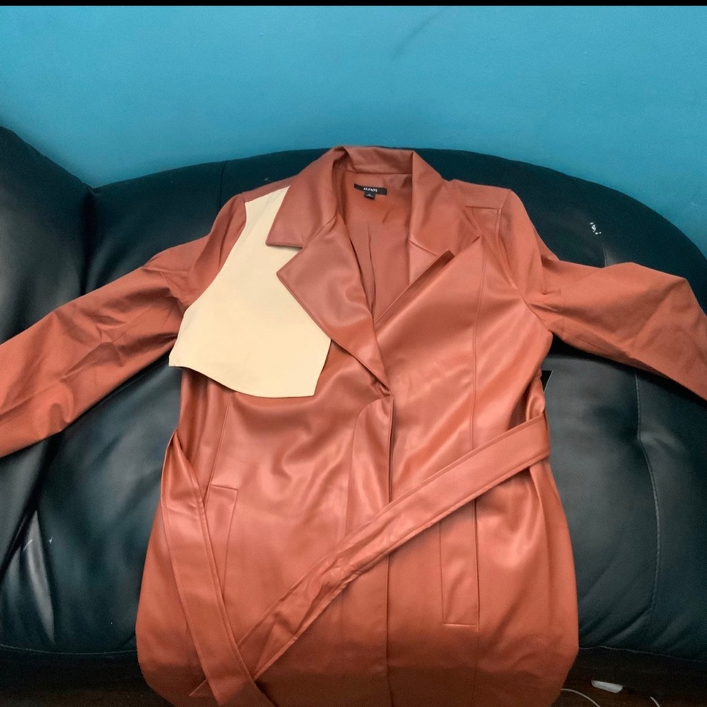 Alfani Petite belted faux leather trench coat